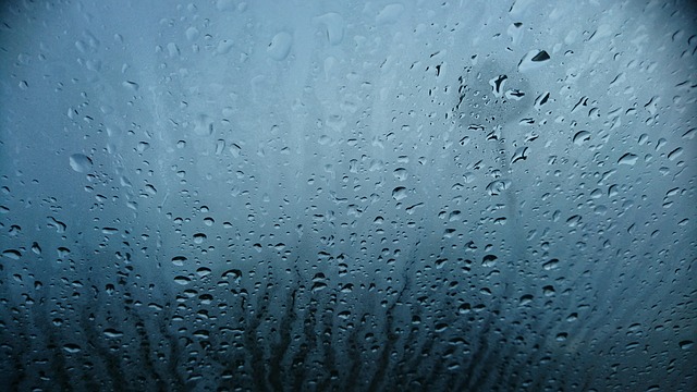 曇って水滴がついている車のフロントガラス